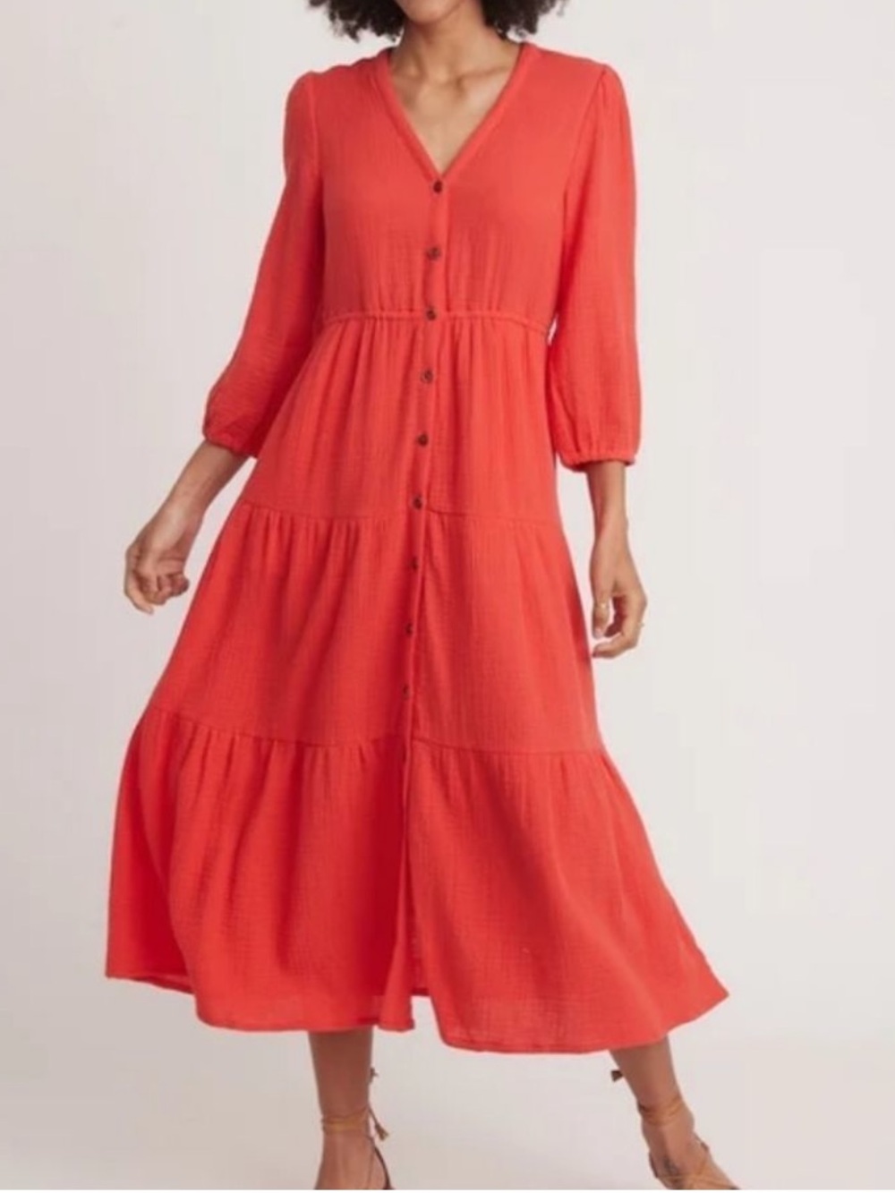 Marine Layer Willow Doublecloth Button Front Midi Dress Cotton Red Medium